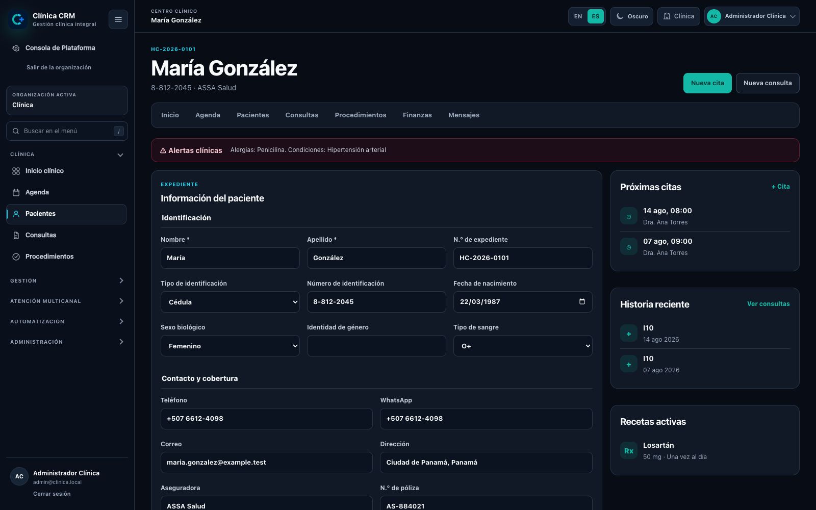 Pantalla del CRM: Expediente del paciente