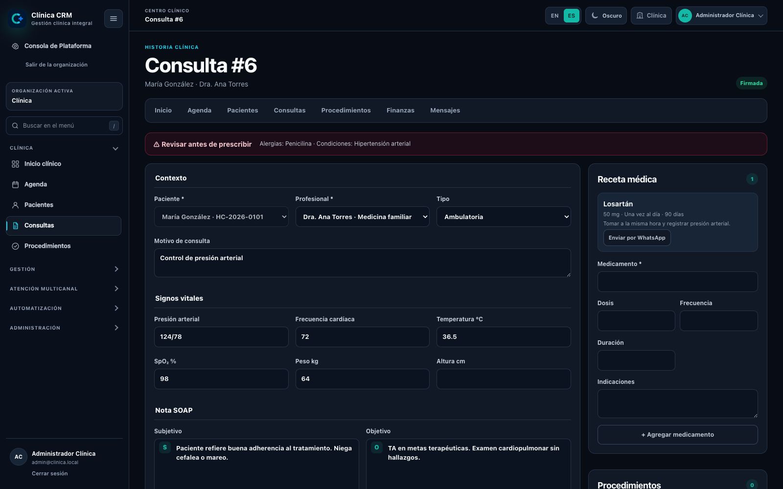 Pantalla del CRM: Consulta clínica