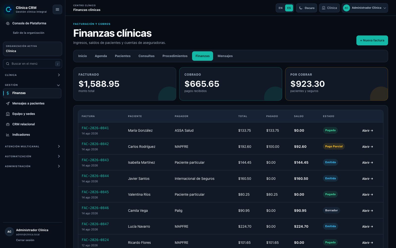 Pantalla del CRM: Finanzas