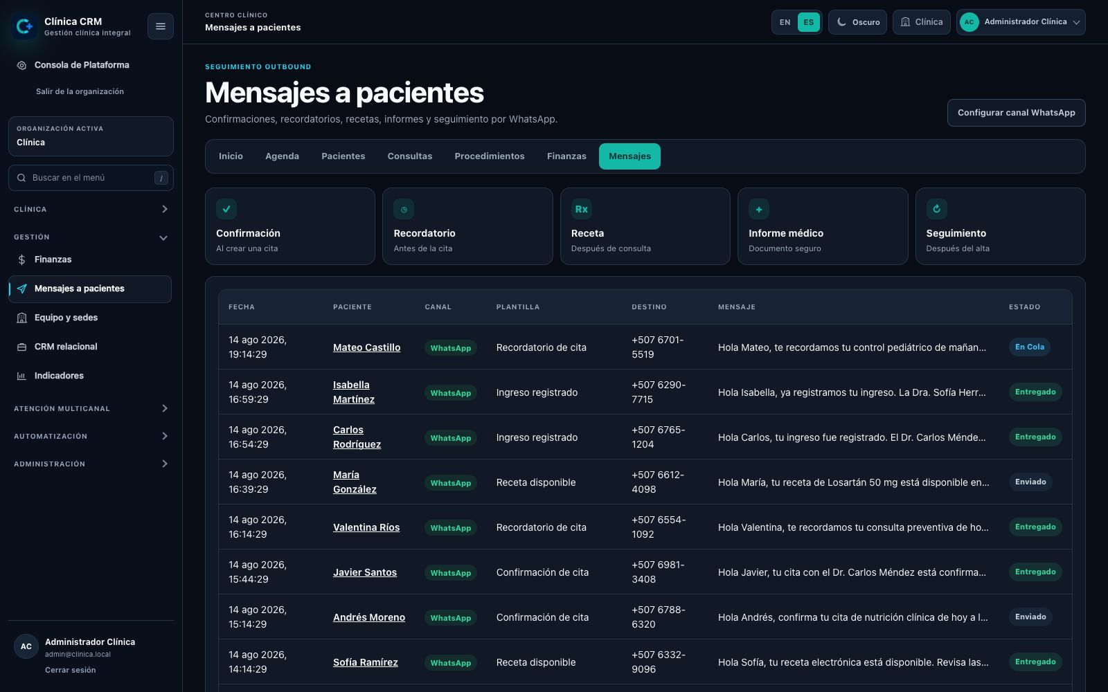 Pantalla del CRM: Mensajes y WhatsApp