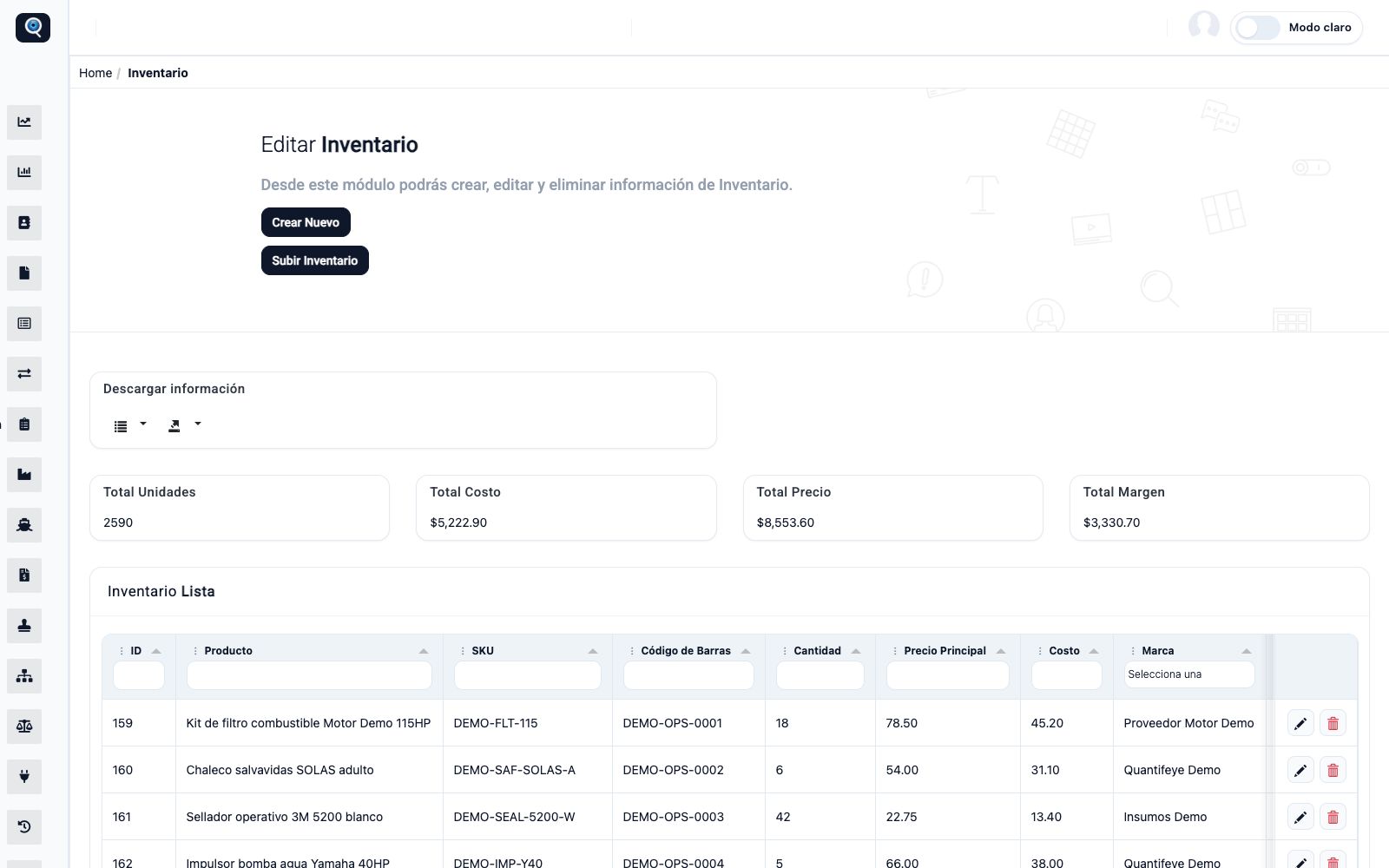 Pantalla del ERP: Inventario
