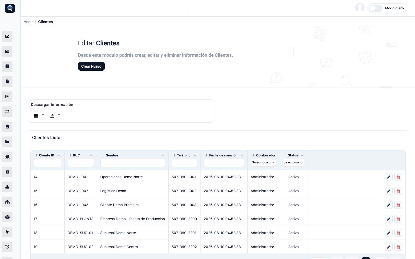 Pantalla del ERP: Clientes