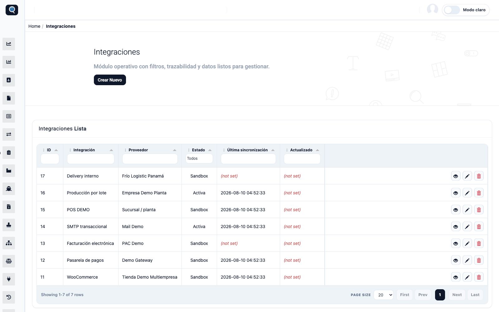 Pantalla del ERP: Integraciones