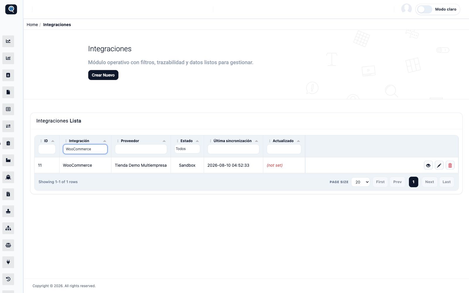 Pantalla del ERP: WooCommerce