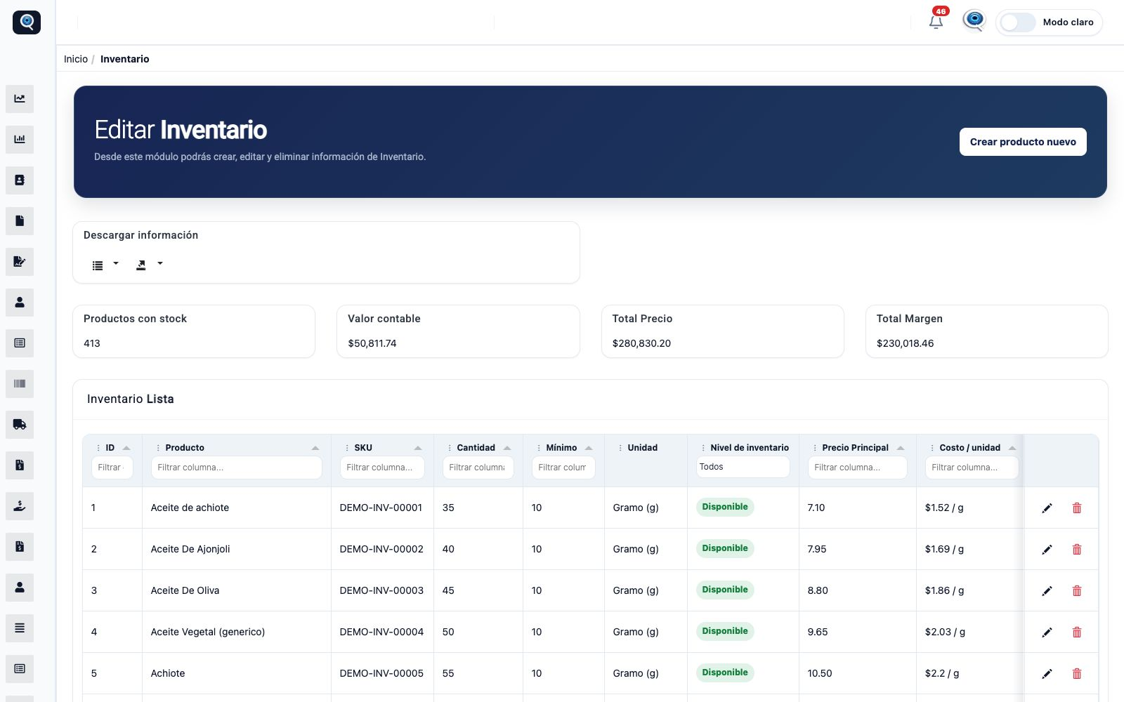 Pantalla del ERP: Inventario