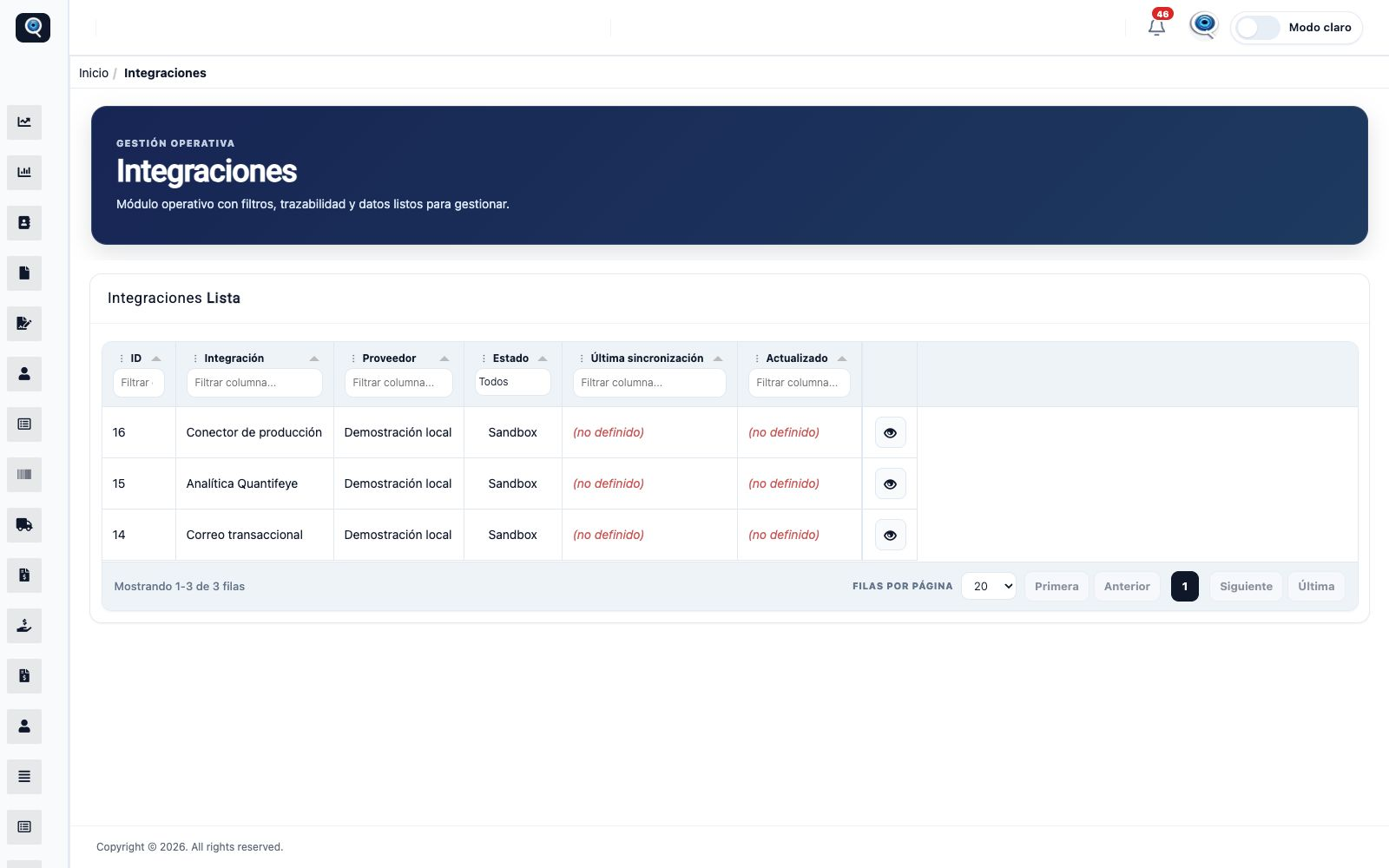 Pantalla del ERP: Integraciones