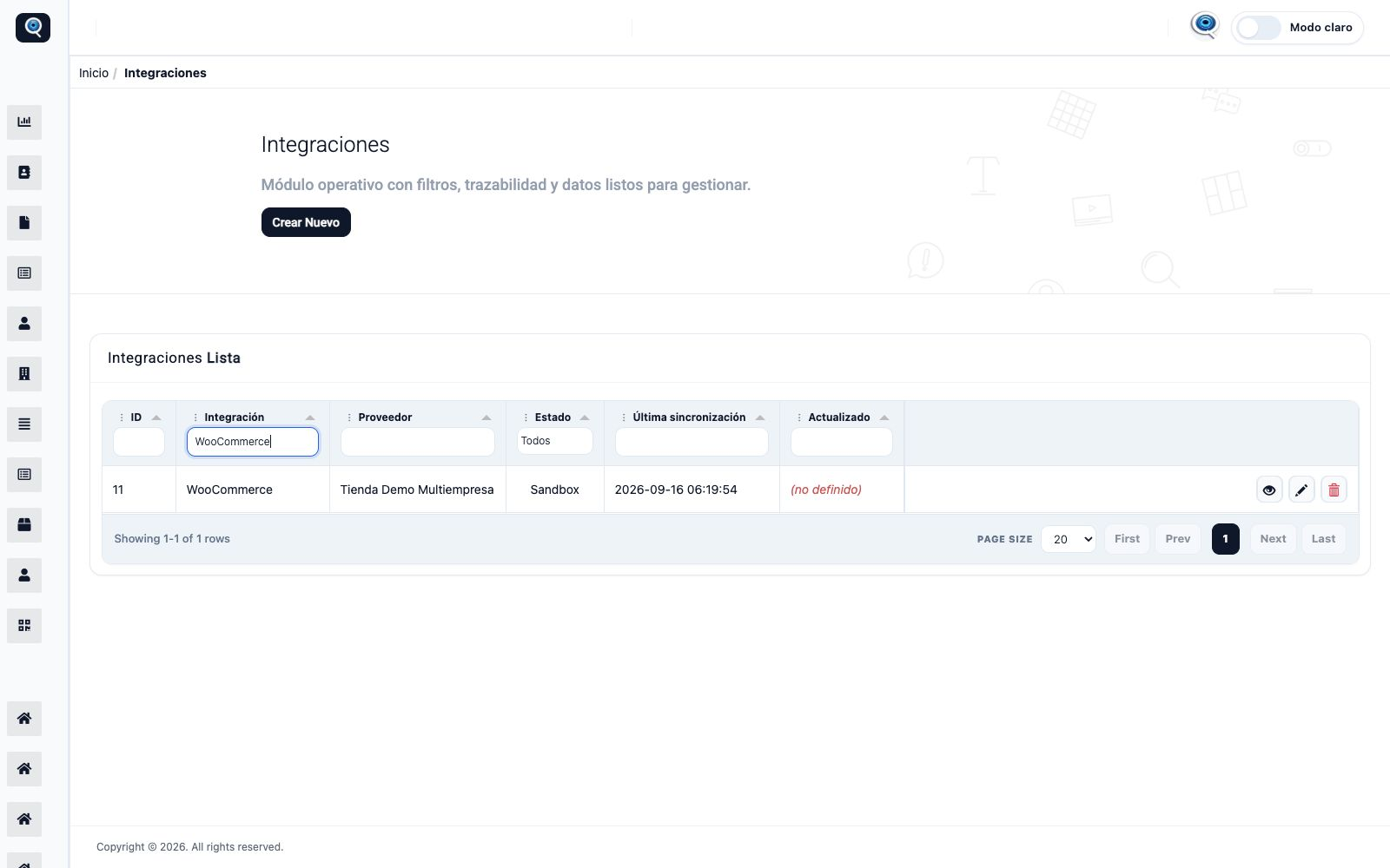 Pantalla del ERP: WooCommerce